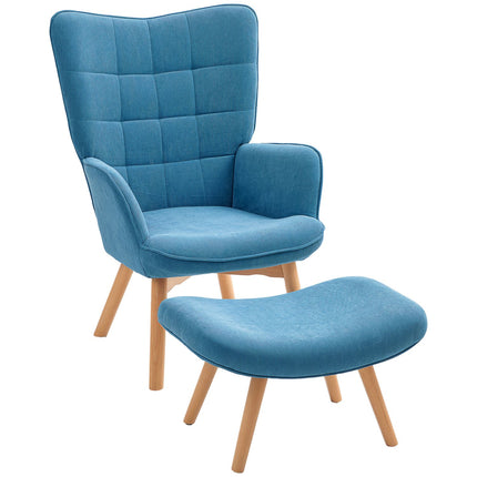 Blauer Kordsamt-Ohrensessel mit Fußhocker, getuftetes Design