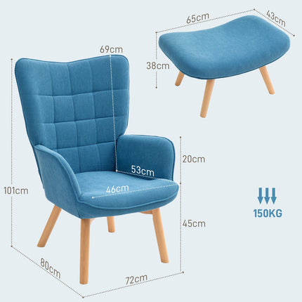 Blauer Kordsamt-Ohrensessel mit Fußhocker, getuftetes Design
