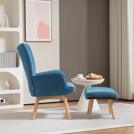Blauer Kordsamt-Ohrensessel mit Fußhocker, getuftetes Design