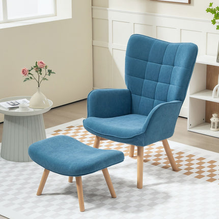 Blauer Kordsamt-Ohrensessel mit Fußhocker, getuftetes Design