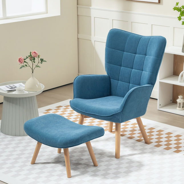 Blauer Kordsamt-Ohrensessel mit Fußhocker, getuftetes Design