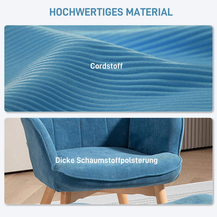 Blauer Kordsamt-Ohrensessel mit Fußhocker, getuftetes Design