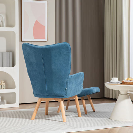 Blauer Kordsamt-Ohrensessel mit Fußhocker, getuftetes Design