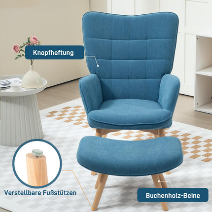 Blauer Kordsamt-Ohrensessel mit Fußhocker, getuftetes Design