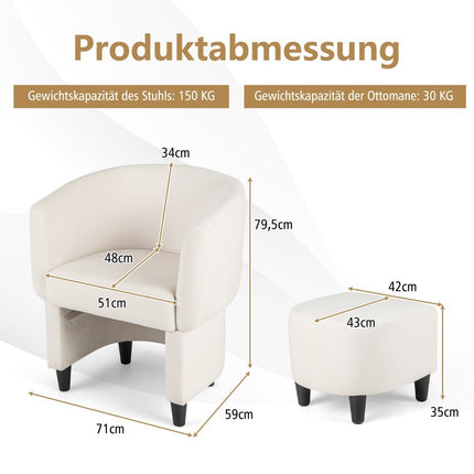 Fauteuil avec repose-pieds, fauteuil en velours rembourré, fauteuil club, bois massif, beige
