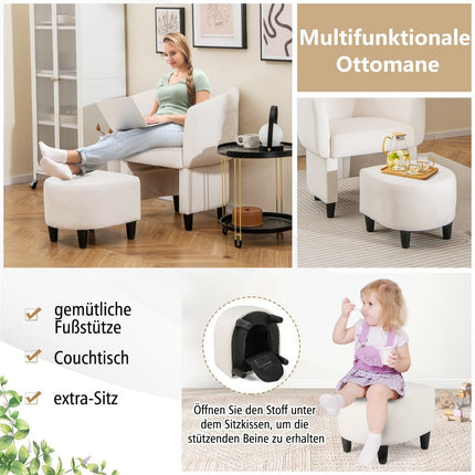 Fauteuil avec repose-pieds, fauteuil en velours rembourré, fauteuil club, bois massif, beige
