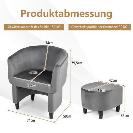 Sessel mit Fußhocker, Samtsessel gepolstert, Clubsessel, Massivholz, Grau
