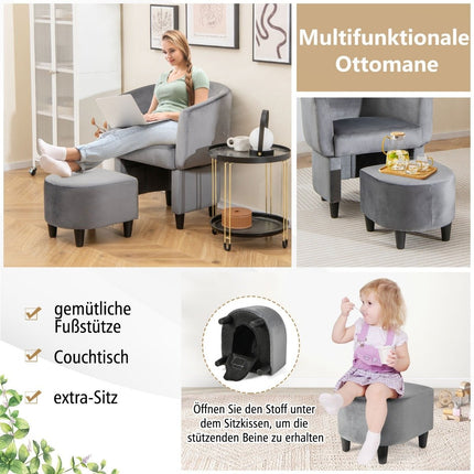 Sessel mit Fußhocker, Samtsessel gepolstert, Clubsessel, Massivholz, Grau