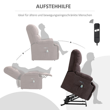 Massage armchair with standing aid and USB port, dark brown