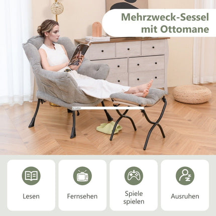 Fauteuil avec tabouret, accoudoirs, poche latérale et repose-pieds double face, fauteuil de relaxation gris