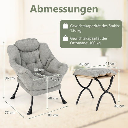 Fauteuil avec tabouret, accoudoirs, poche latérale et repose-pieds double face, fauteuil de relaxation gris