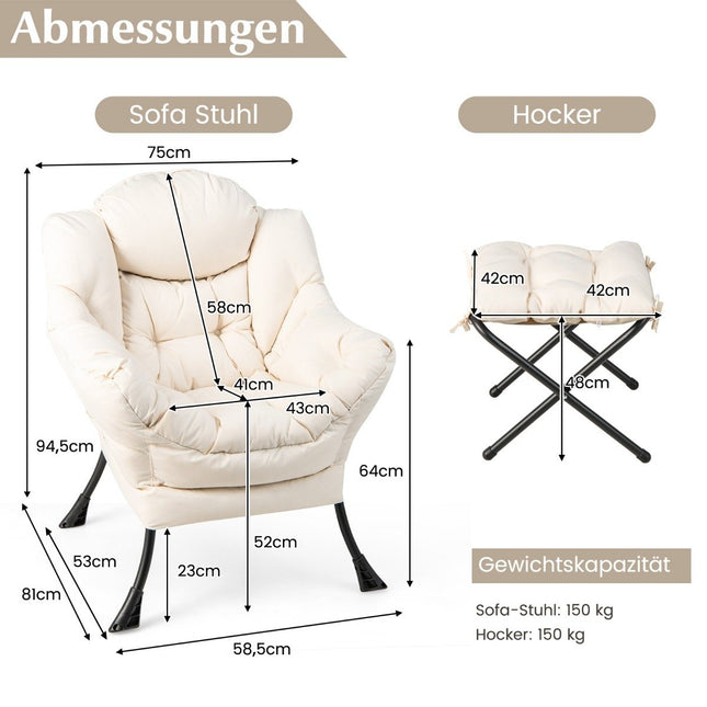 Sessel mit Hocker &amp; Armlehnen &amp; Seitentasche &amp; Fußstütze Relaxsessel Ohrensessel Beige