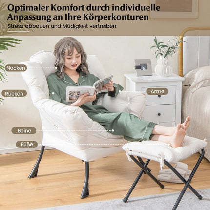 Fauteuil avec tabouret, accoudoirs, poche latérale et repose-pieds, fauteuil de relaxation, fauteuil à oreilles beige
