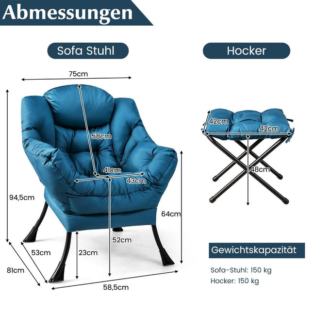 Fauteuil met kruk & armleuningen & zijvak & voetenbankje relaxfauteuil oorfauteuil blauw