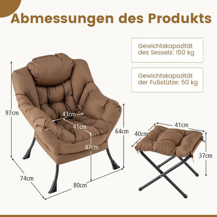 Sessel mit Hocker &amp; Armlehnen &amp; Seitentasche &amp; Fußstütze Relaxsessel Ohrensessel Braun