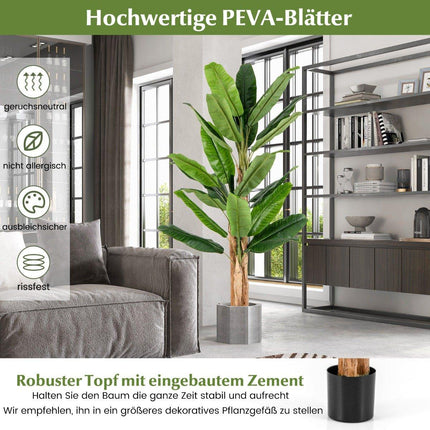 Künstlicher Bananenbaum mit 27 Blättern &amp; Naturstamm Bananenpflanze Kunstpflanze 195 cm