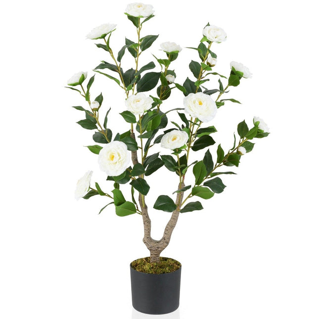 Künstlicher Kamelienbaum, 90 cm, weiße Blüten, getopft