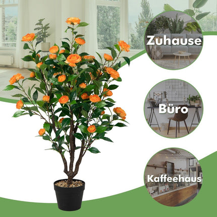 Künstlicher Kamelienbaum, künstliche blühende Kamelienpflanze, Grün + Gelb