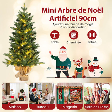 Künstlicher Weihnachtsbaum 90 cm, 50 LED-Lichter mit Timer, Leinensockel