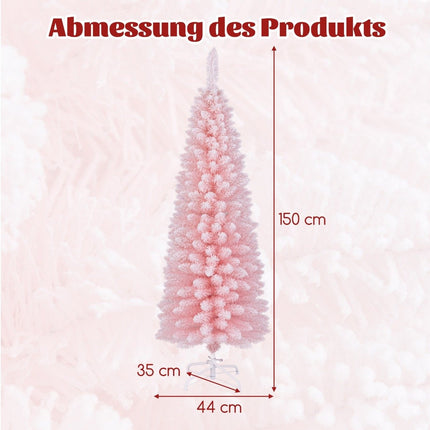 Umělý úzký vánoční stromek 150 cm se sněhem, růžový