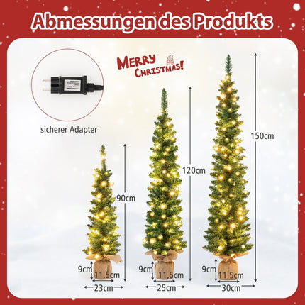 Künstlicher Weihnachtsbaum 3er Set Bleistift Tannenbaum mit Beleuchtung Grün