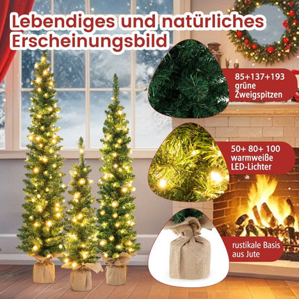Künstlicher Weihnachtsbaum 3er Set Bleistift Tannenbaum mit Beleuchtung Grün