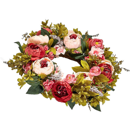 Artificial Floral Wreath 19 in, Pink Peony Hydrangea