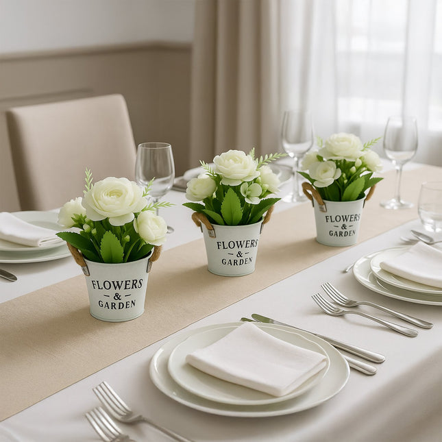 Set künstlicher Blumen, 3 weiße Töpfe mit Seilgriffen