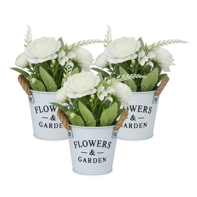 Set künstlicher Blumen, 3 weiße Töpfe mit Seilgriffen