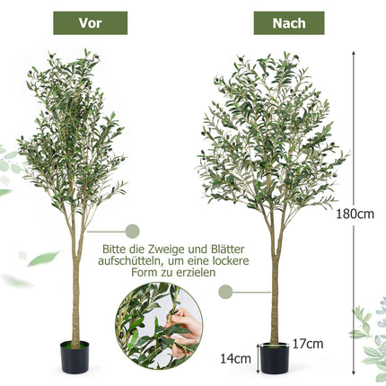 Künstlicher Olivenbaum 180cm mit Topf, 1296 Blätter, 72 Oliven