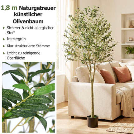 Künstlicher Olivenbaum 180cm mit Topf, 1296 Blätter, 72 Oliven