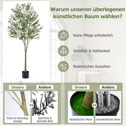 Künstlicher Olivenbaum 180cm mit Topf, 1296 Blätter, 72 Oliven