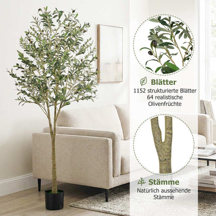 Künstlicher Olivenbaum 180cm mit Topf, 1296 Blätter, 72 Oliven