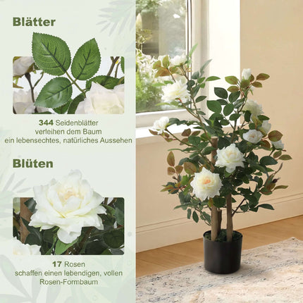 Artificial Rose Tree 90 cm in Pot with Moss and 17 Flowers, White, UV-Resistant