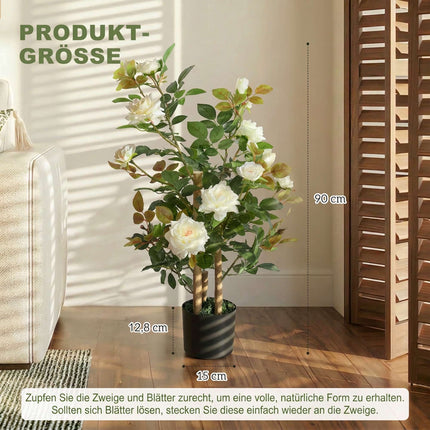 Artificial Rose Tree 90 cm in Pot with Moss and 17 Flowers, White, UV-Resistant