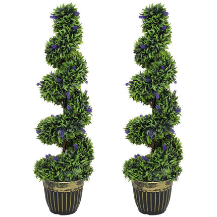 Artificial Spiral Boxwood with Lavender, 115 cm, Set of 2