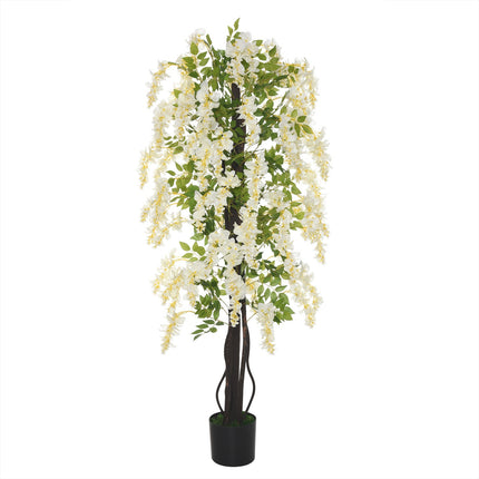 Plante artificielle avec glycine blanche Plantes artificielles décoratives en pot, 1,65 m, ciment plastique, blanc + vert