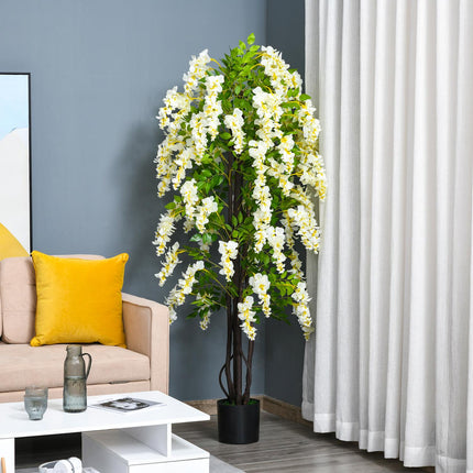 Plante artificielle avec glycine blanche Plantes artificielles décoratives en pot, 1,65 m, ciment plastique, blanc + vert