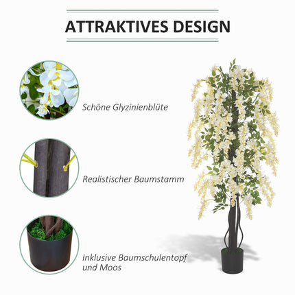 Plante artificielle avec glycine blanche Plantes artificielles décoratives en pot, 1,65 m, ciment plastique, blanc + vert