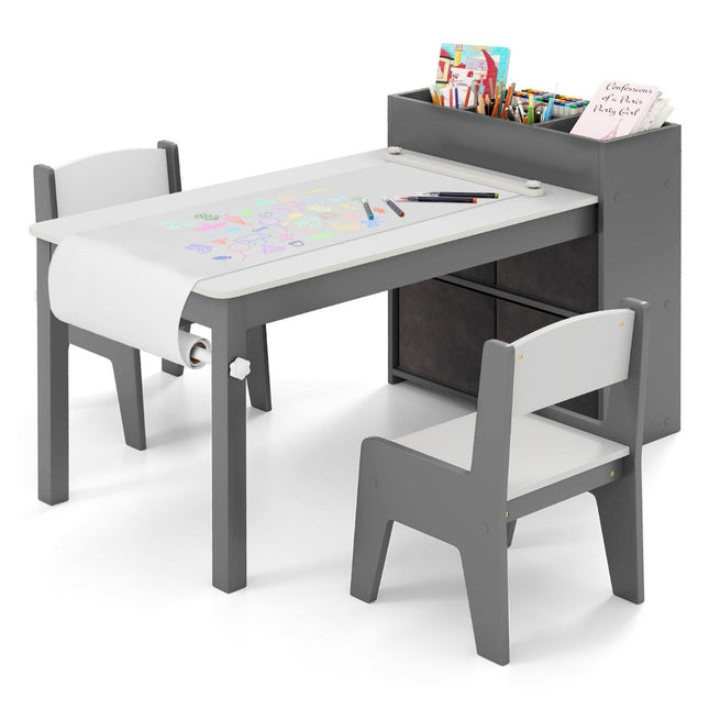 Kunsttisch- und Stuhlset für Kinder. Zeichentisch mit 2 Stühlen, Papierrolle und Papierrollenhalter. Grau
