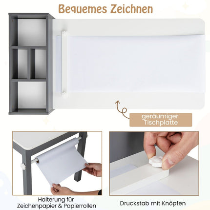 Kunsttisch- und Stuhlset für Kinder. Zeichentisch mit 2 Stühlen, Papierrolle und Papierrollenhalter. Grau