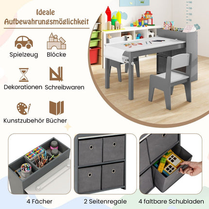 Kunsttisch- und Stuhlset für Kinder. Zeichentisch mit 2 Stühlen, Papierrolle und Papierrollenhalter. Grau