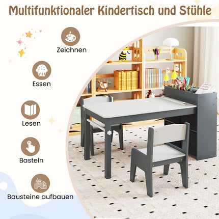 Kunsttisch- und Stuhlset für Kinder. Zeichentisch mit 2 Stühlen, Papierrolle und Papierrollenhalter. Grau