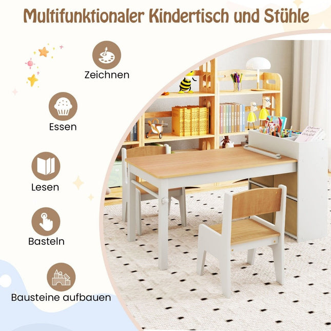 Kunsttisch- und Stuhlset für Kinder. Zeichentisch mit 2 Stühlen, Papierrolle und Papierrollenhalter. Natur