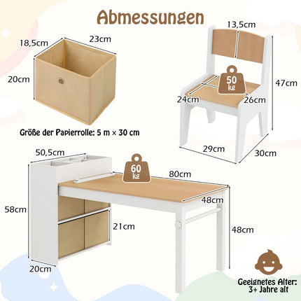 Kunsttisch- und Stuhlset für Kinder. Zeichentisch mit 2 Stühlen, Papierrolle und Papierrollenhalter. Natur