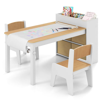 Kunsttisch- und Stuhlset für Kinder. Zeichentisch mit 2 Stühlen, Papierrolle und Papierrollenhalter. Natur