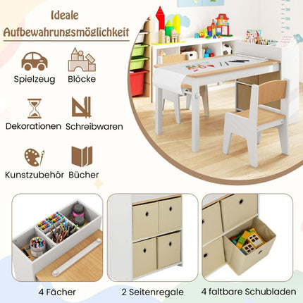 Kunsttisch- und Stuhlset für Kinder. Zeichentisch mit 2 Stühlen, Papierrolle und Papierrollenhalter. Natur
