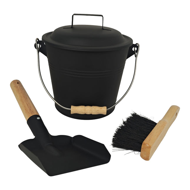 Ascheeimer mit Bürste und Schaufel, Schwarz Eisen