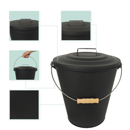 Ascheeimer mit Bürste und Schaufel-Set, Schwarz lackiertes Eisen