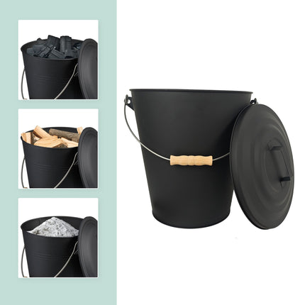Ascheeimer mit Bürste und Schaufel-Set, Schwarz lackiertes Eisen